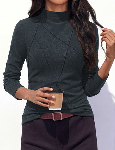 PRETTYGARDEN Women's Fall Mock Neck Long Sleeve Shirts | Soft Stretchy Knit,Geometric Seam Stitching,Slim Fitted Basic Tees,Thermal Casual Wear,Daily Work Layering Winter Tunic Top