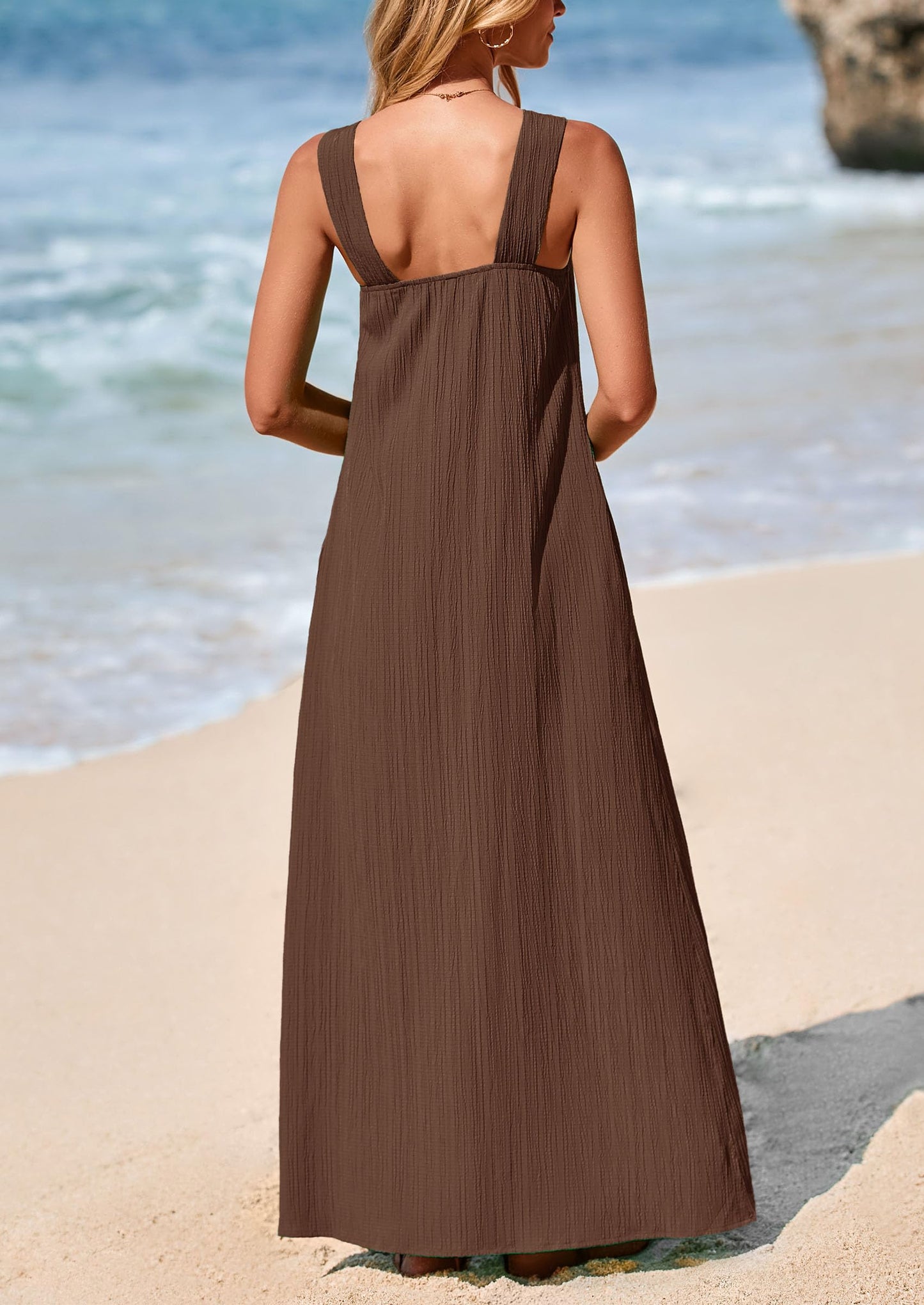 Womens 2025 Casual Long Summer Dresses Sleeveless Strappy Loose Flowy Beach Vacation Maxi Dress with Pockets