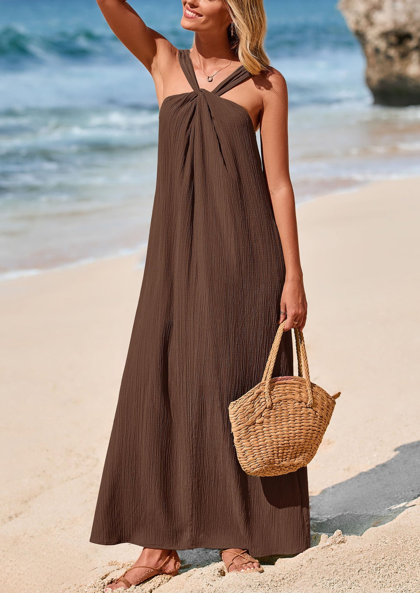 Womens 2025 Casual Long Summer Dresses Sleeveless Strappy Loose Flowy Beach Vacation Maxi Dress with Pockets