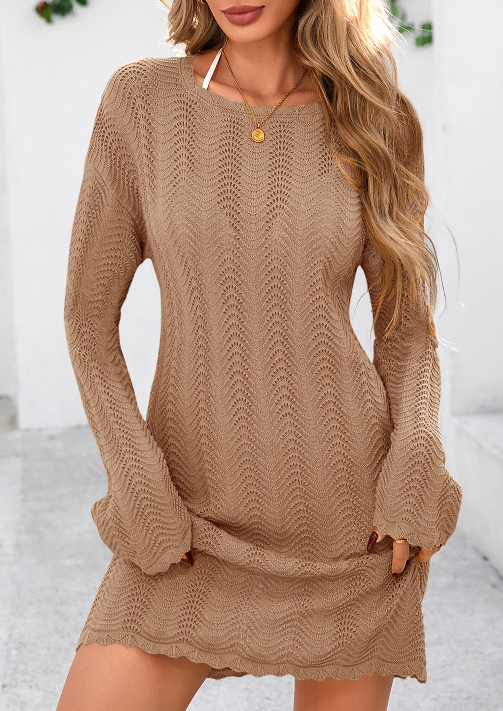 PRETTYGARDEN Women's Swimsuit Cover Up Summer Bathing Suit Swimwear Crochet Knit Dress Fashion Beach Vacation Clothes