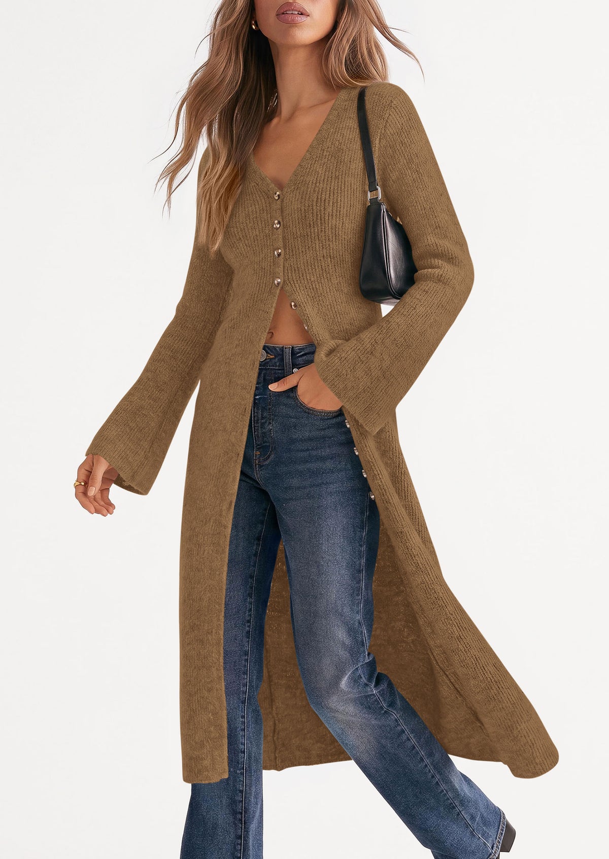 PRETTYGARDEN Women Long Cardigan Bell Sleeve Sweater Dress  Early Fall Fashion, V Neck Button Down Coats, Fit and Flare, Duster Sweater, Business Casual Outfits, Acrylic Cotton Blend