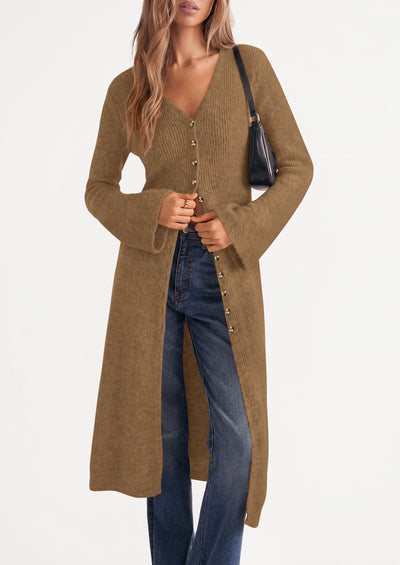 PRETTYGARDEN Women Long Cardigan Bell Sleeve Sweater Dress  Early Fall Fashion, V Neck Button Down Coats, Fit and Flare, Duster Sweater, Business Casual Outfits, Acrylic Cotton Blend