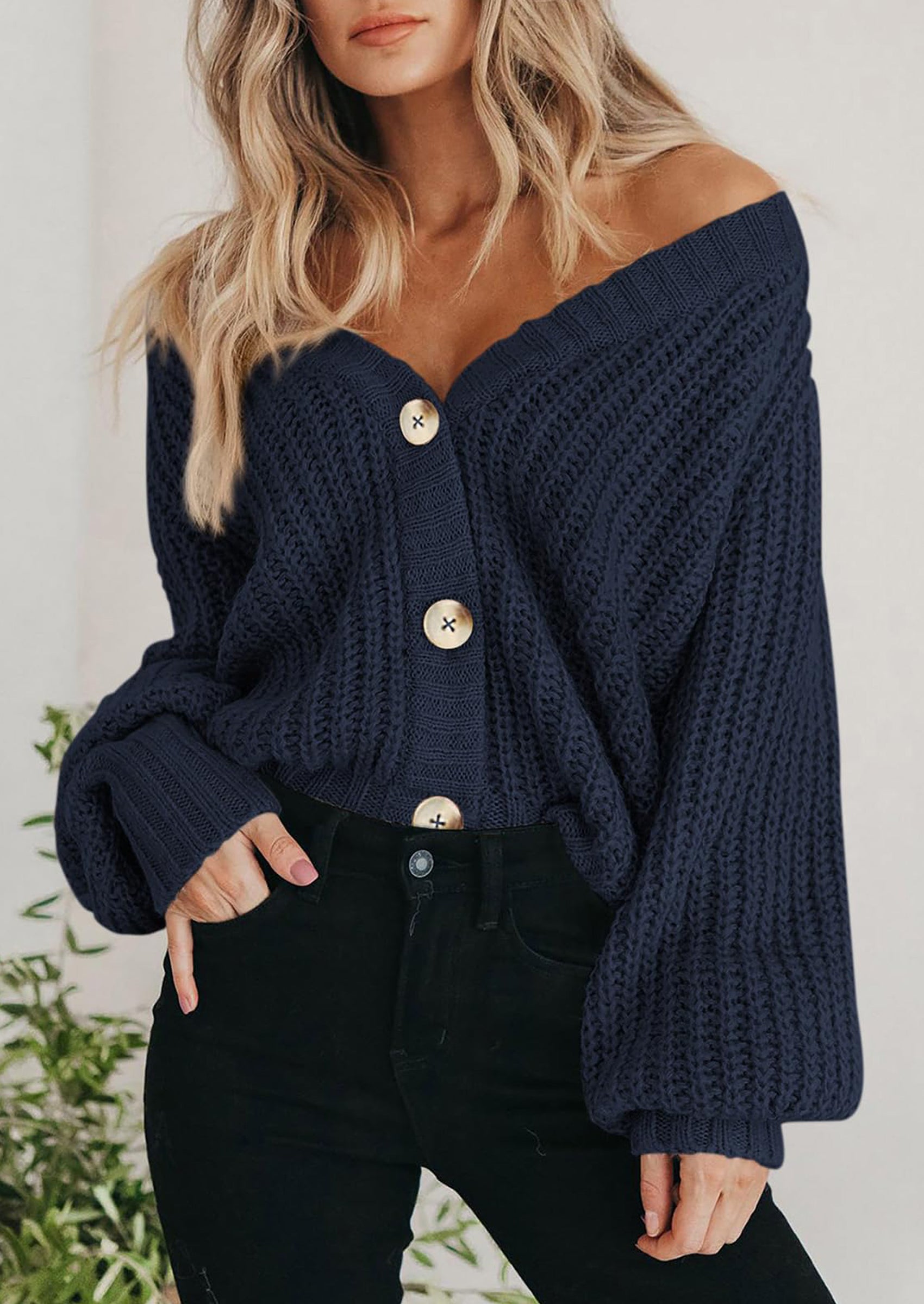 PRETTYGARDEN Women's Chunky Knit Open Front Sweater Long Sleeve Button Loose Short Cardigan Outerwear Coats