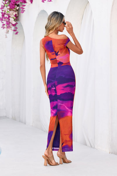 PRETTYGARDEN Women Summer One Shoulder Sleeveless Floral Maxi Dress Bodycon Ruched Mesh Formal Cocktail Wedding Guest Dresses PRETTYGARDEN