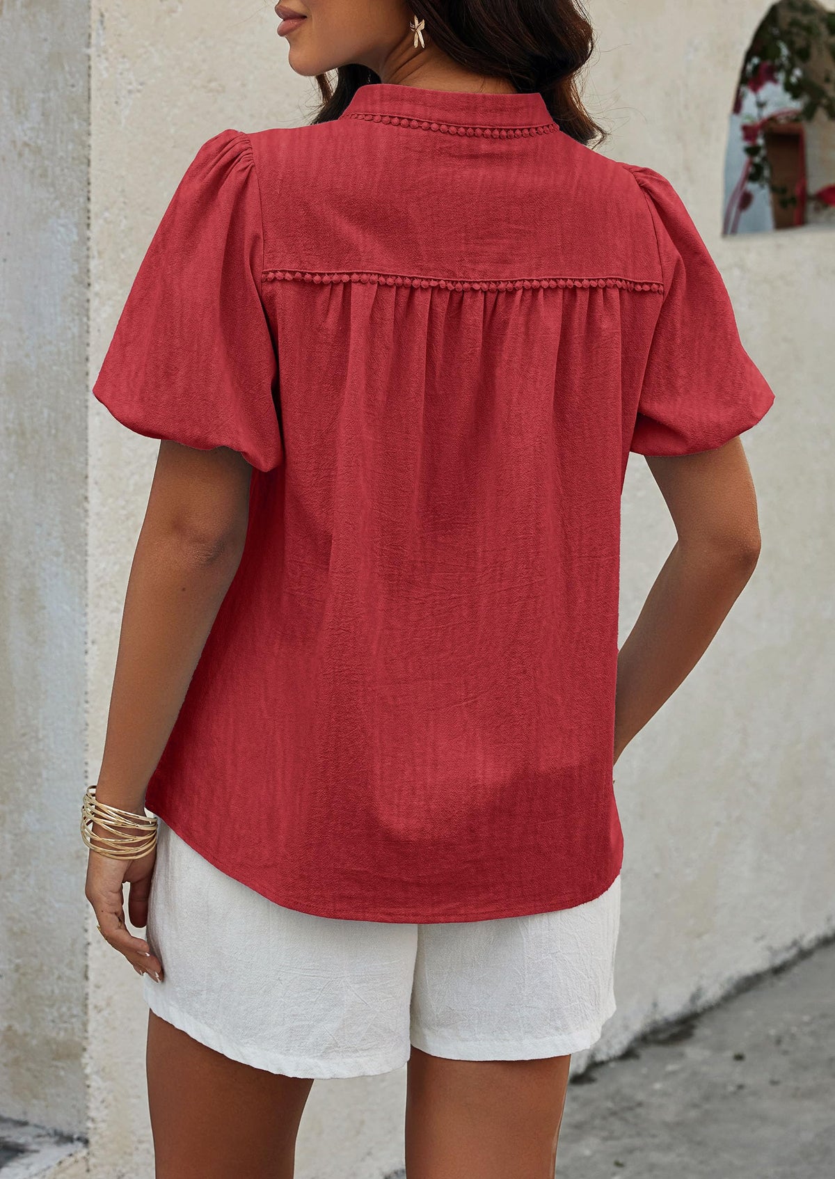 Womens Casual Summer V Neck Short Puff Sleeve Pleated Cotton Loose Dressy Blouses