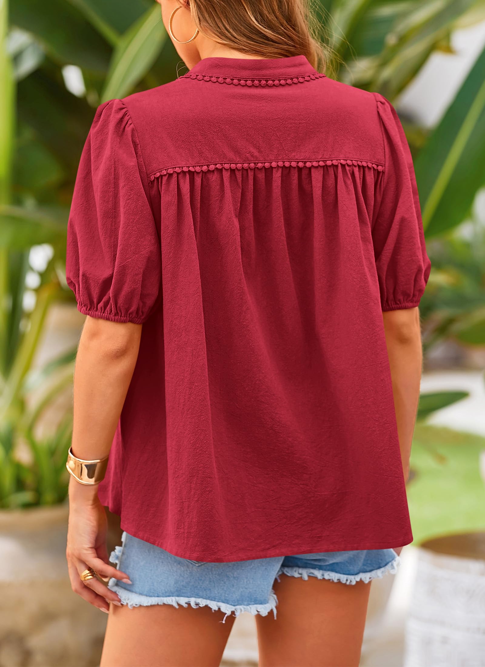 PRETTYGARDEN Women's Summer Tops Button Down Shirts Short Lantern Sleeve V Neck Cotton Cute Dressy Casual Blouses