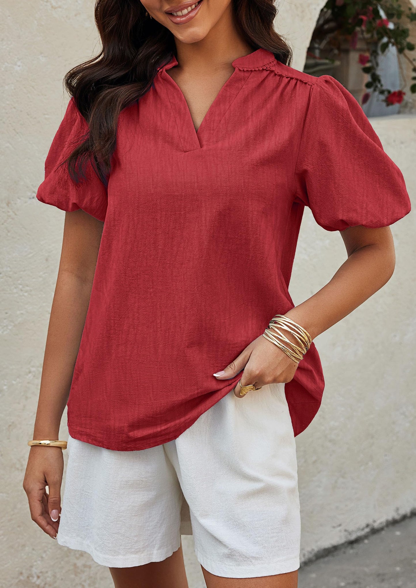 Womens Casual Summer Tops V Neck Short Puff Sleeve Pleated Cotton T Shirts Loose Dressy Blouses