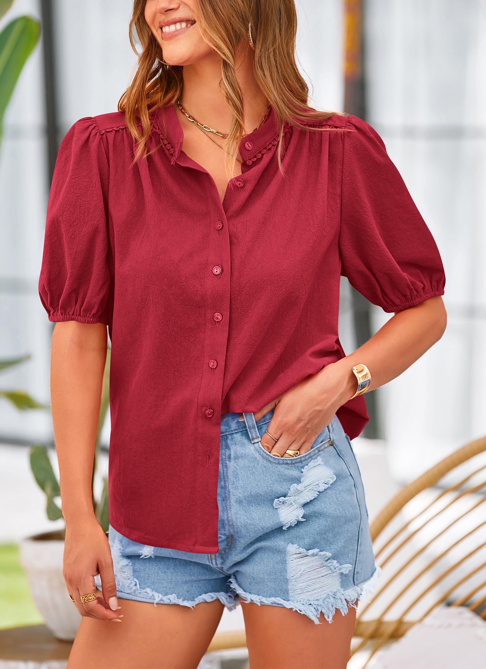 PRETTYGARDEN Women's Summer Tops Button Down Shirts Short Lantern Sleeve V Neck Cotton Cute Dressy Casual Blouses