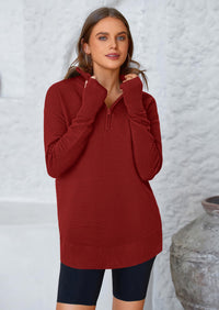 PRETTYGARDEN Womens Long Sleeve Quarter Zip Pullover Sweater Casual Loose V Neck Collared Ribbed Knit Jumper Tops Thumb Hole