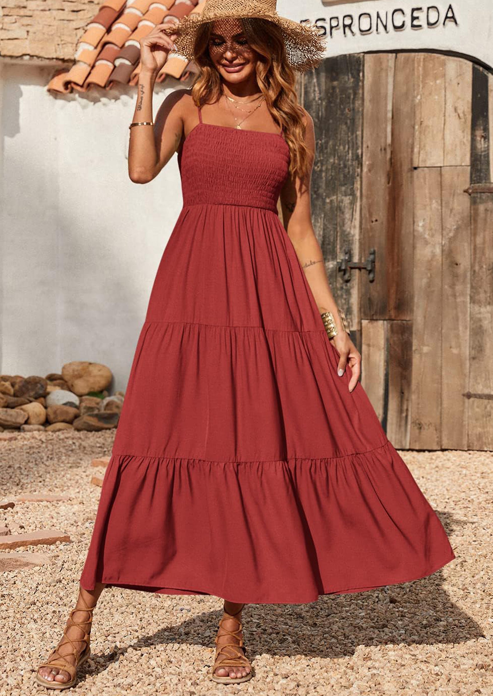 PRETTYGARDEN Women's Summer Maxi Dress Casual Boho Sleeveless Spaghetti Strap Smocked Tiered Long Beach Sundresses PRETTYGARDEN