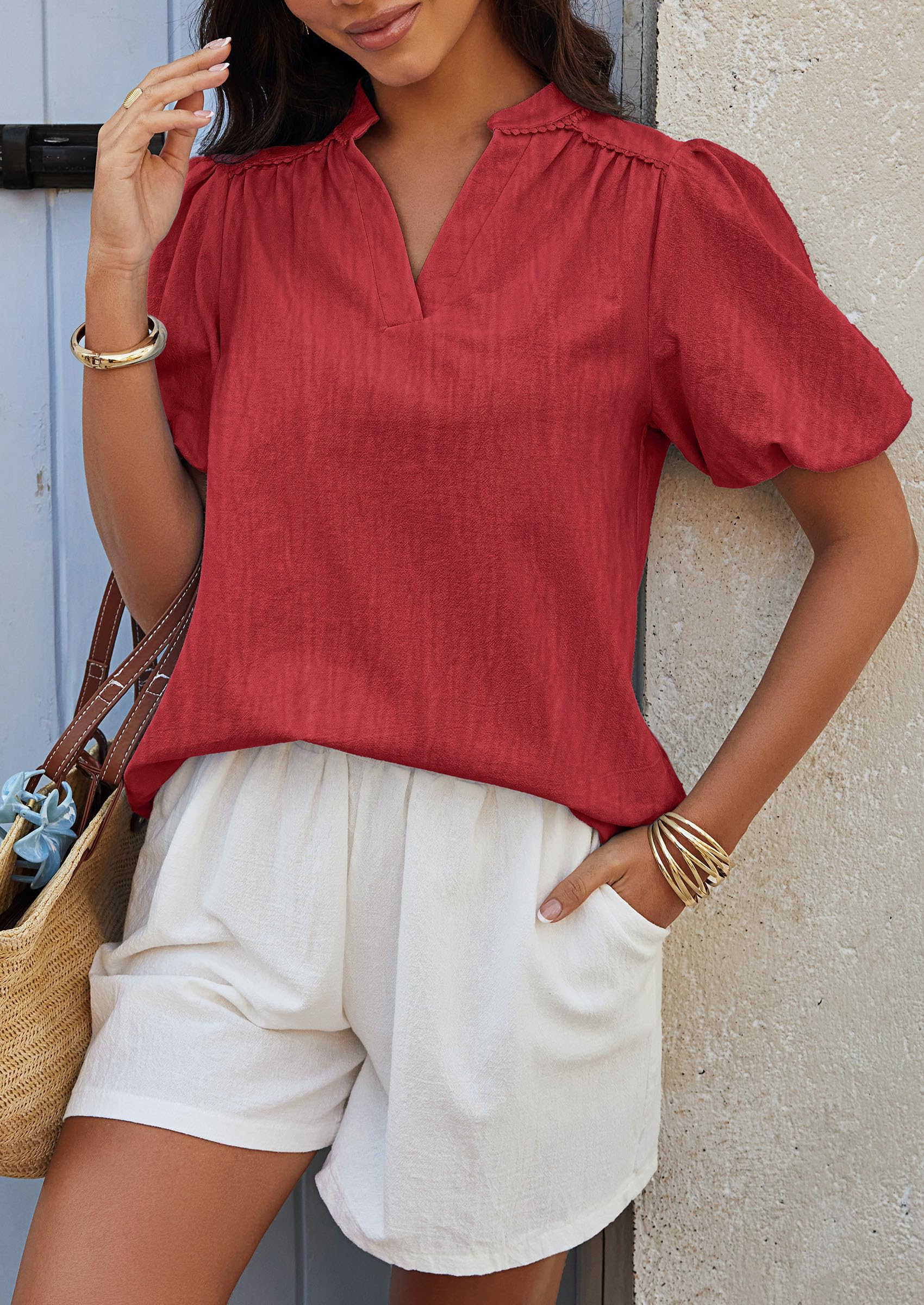 PRETTYGARDEN Womens Casual Summer Tops V Neck Short Puff Sleeve Pleated Cotton T Shirts Loose Dressy Blouses