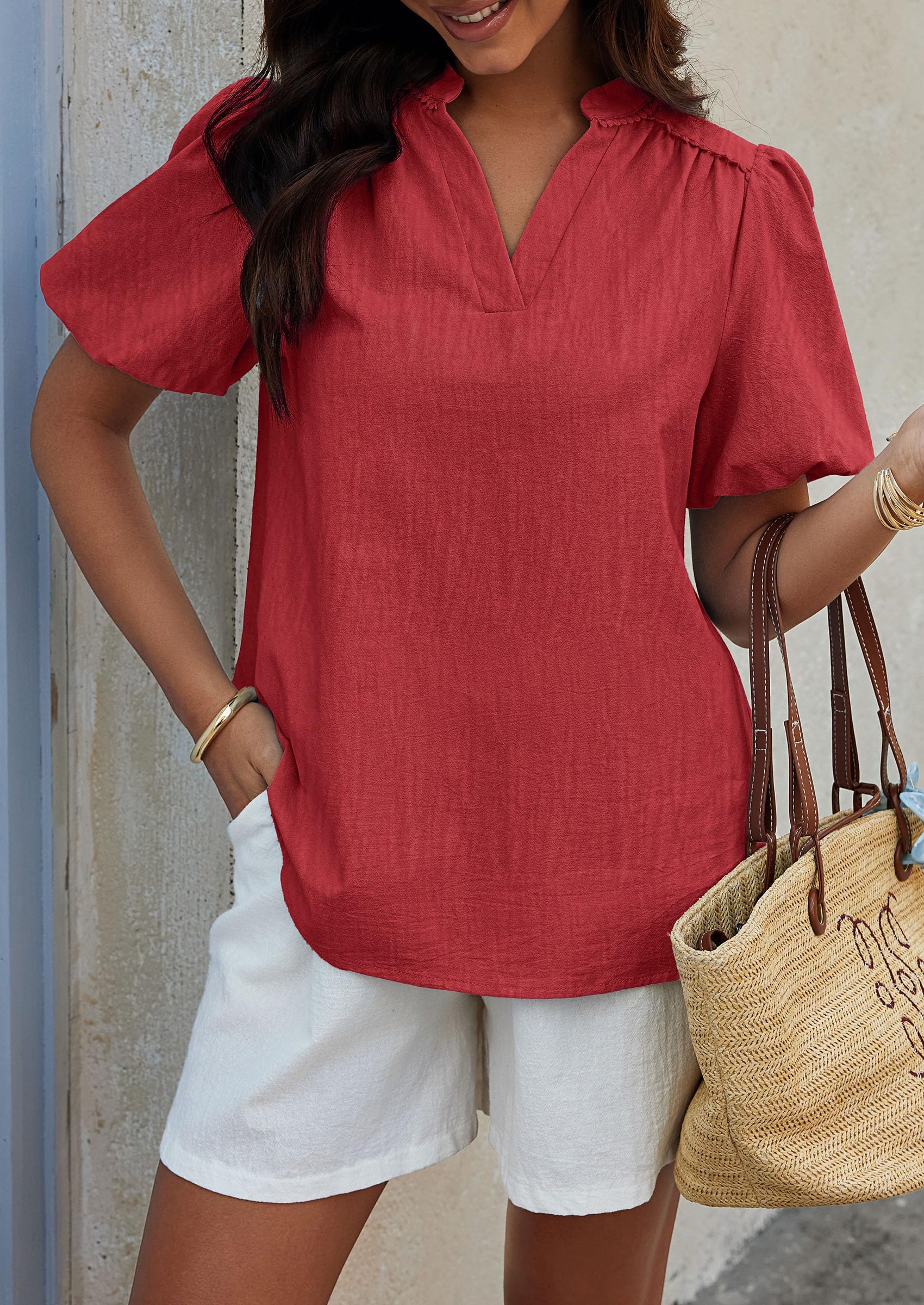 PRETTYGARDEN Womens Casual Summer Tops V Neck Short Puff Sleeve Pleated Cotton T Shirts Loose Dressy Blouses