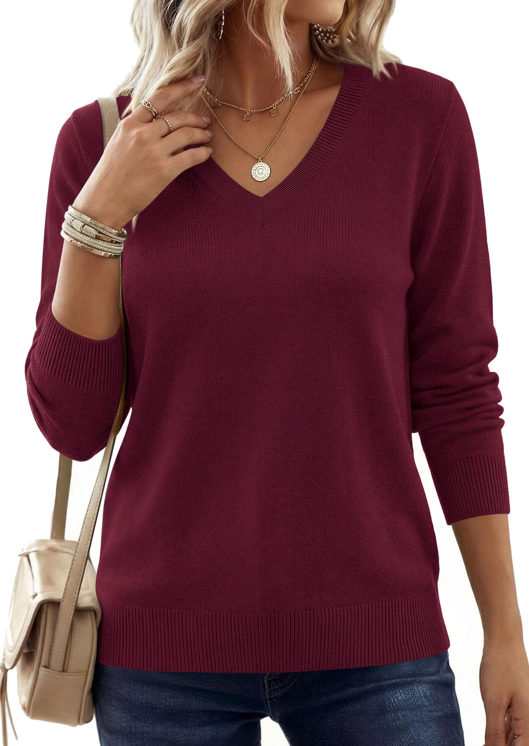 PRETTYGARDEN Women's V Neck Sweaters Fall Casual Long Sleeve Classic Pullover Cozy Knit Tops Loose Basic Winter Clothing PRETTYGARDEN