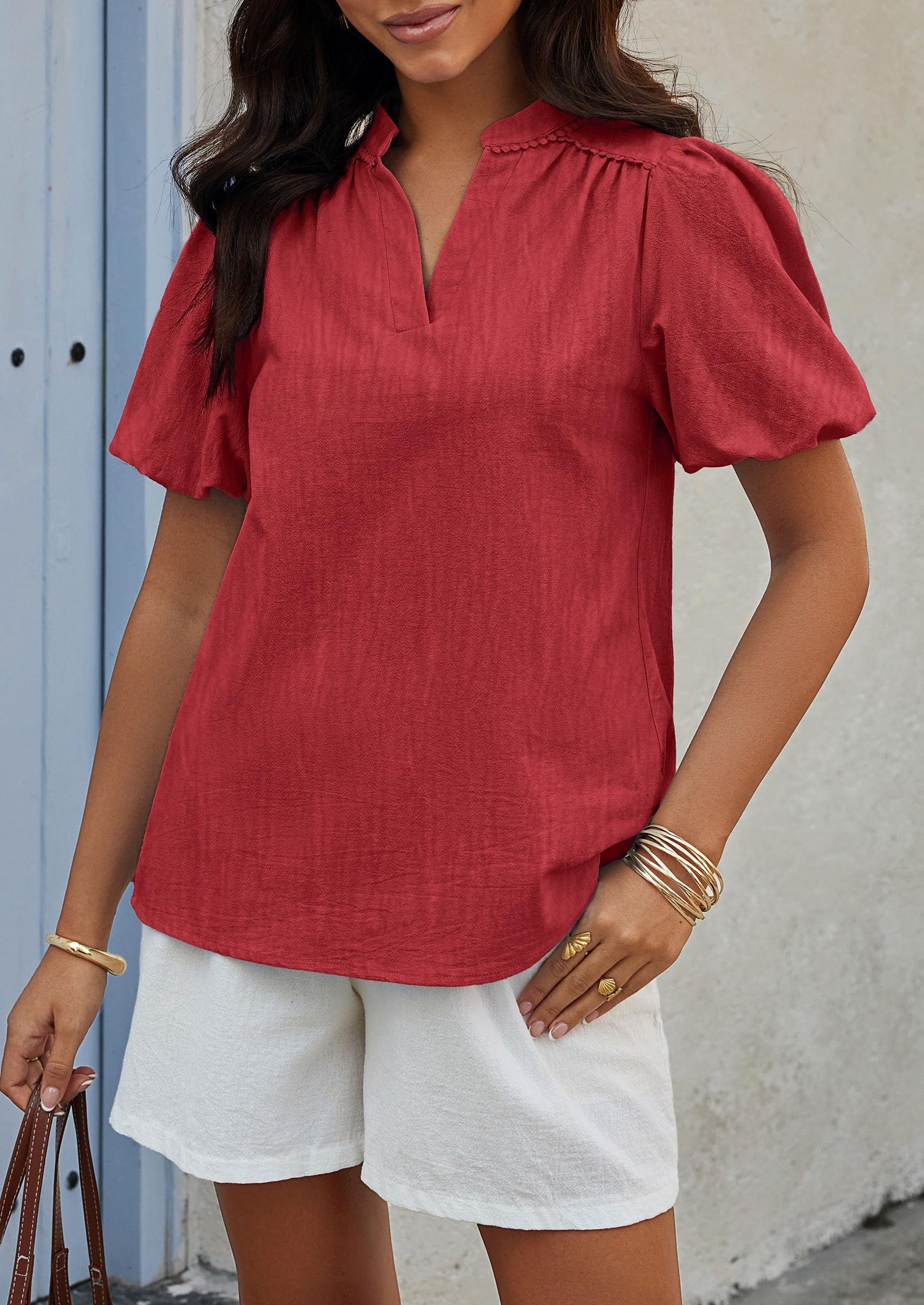 Womens Casual Summer Tops V Neck Short Puff Sleeve Pleated Cotton T Shirts Loose Dressy Blouses