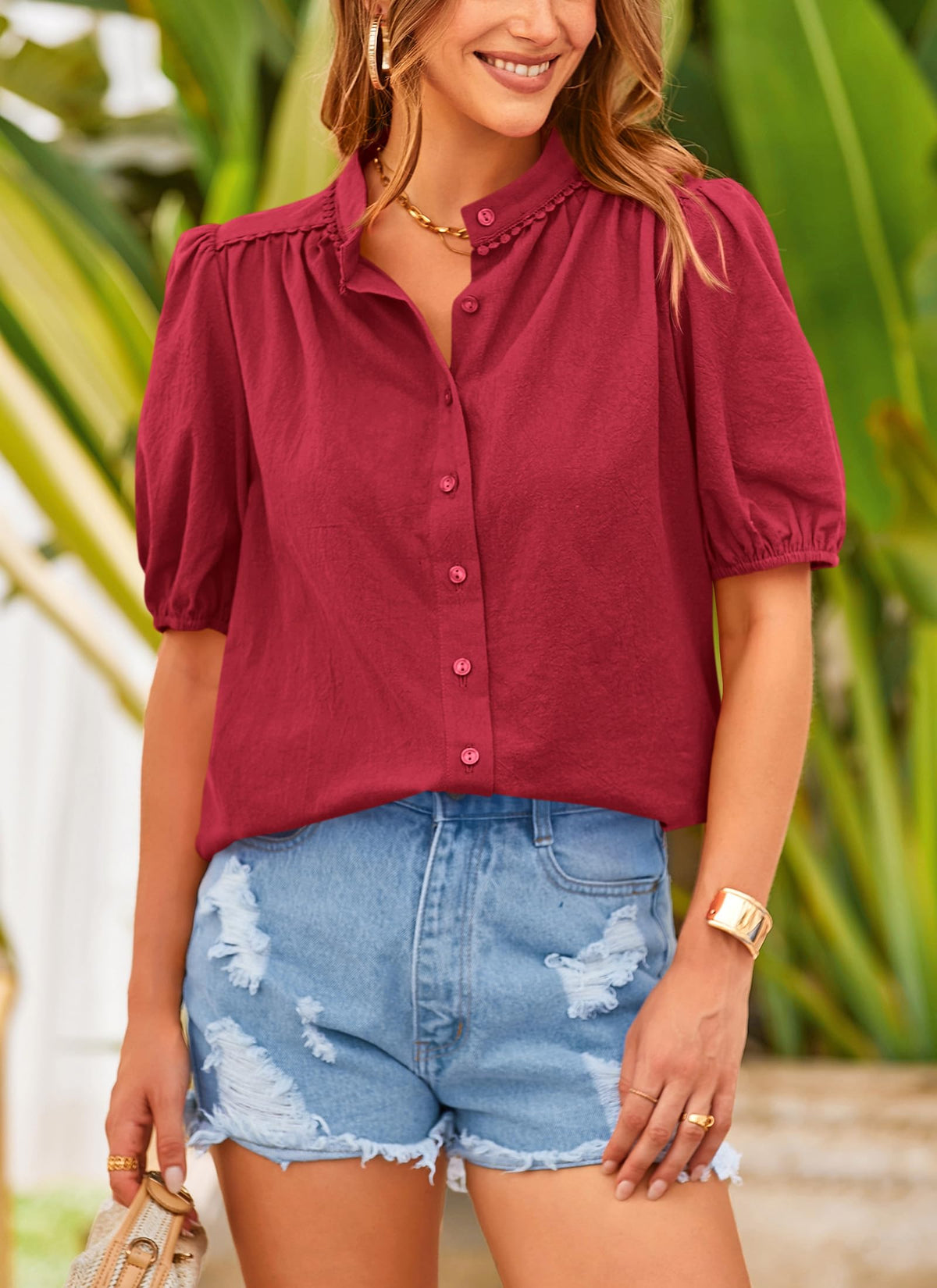 Summer Button Down Short Lantern Sleeve V Neck Cotton Blouses