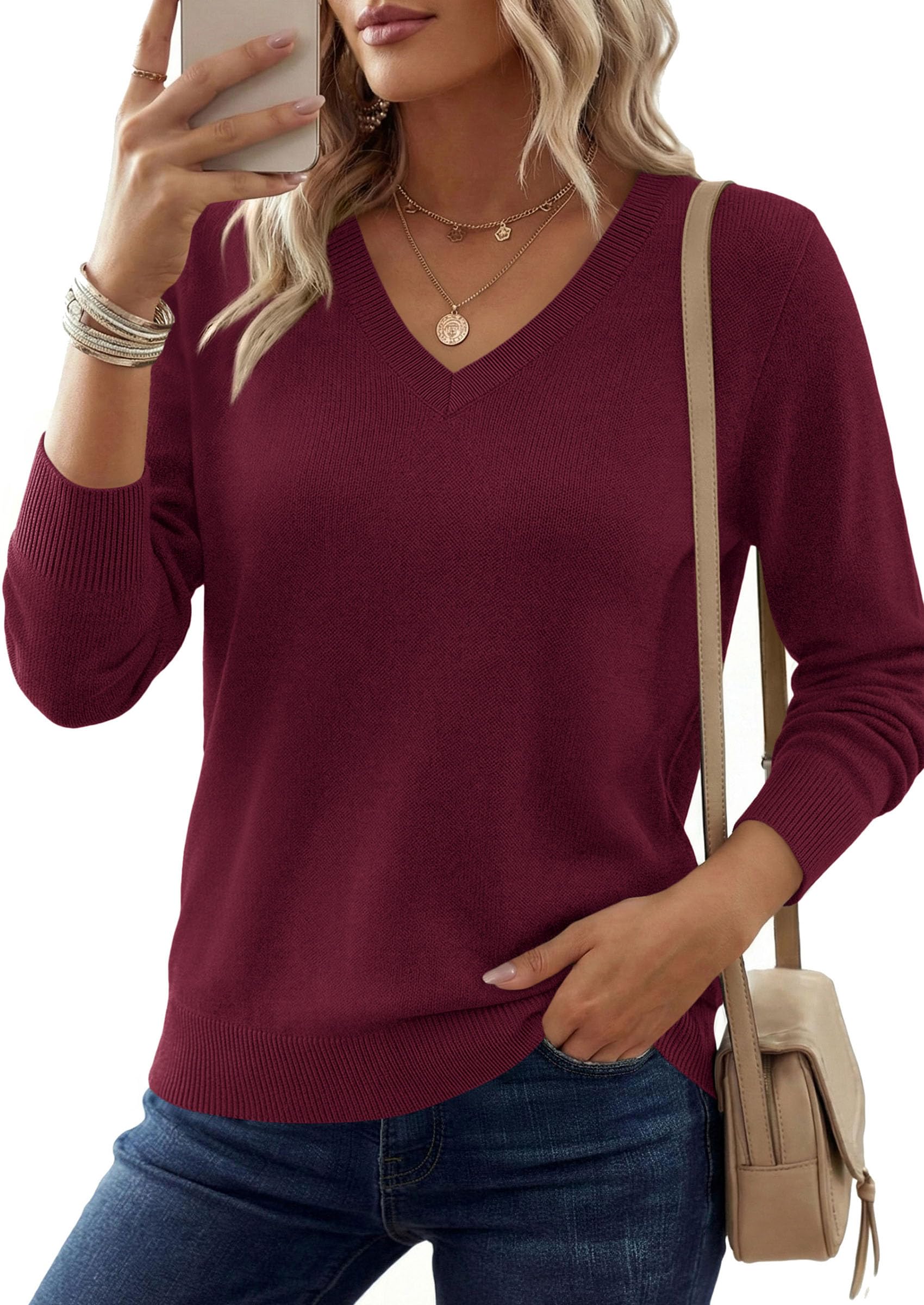 PRETTYGARDEN Women's V Neck Sweaters Fall Casual Long Sleeve Classic Pullover Cozy Knit Tops Loose Basic Winter Clothing PRETTYGARDEN