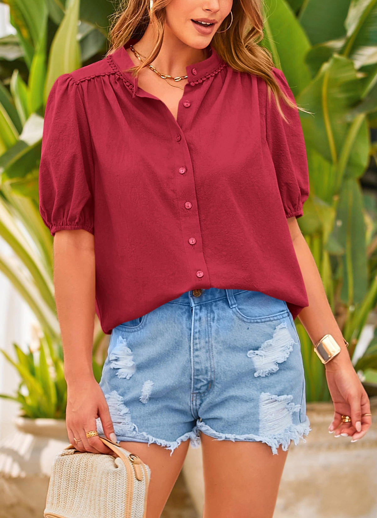 Summer Button Down Short Lantern Sleeve V Neck Cotton Tops