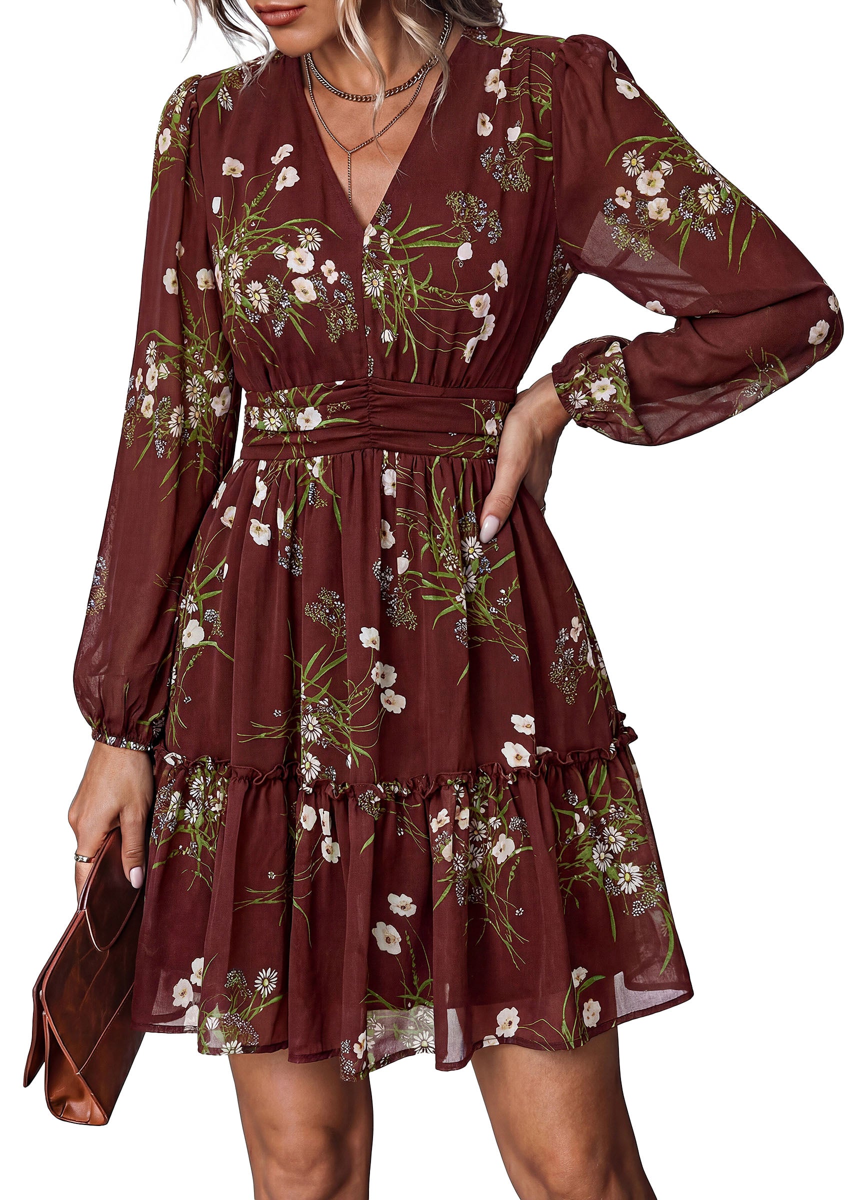 PRETTYGARDEN Women Floral Long Sleeve Mini Dress | Fall Wedding Guest Dresses, V Neck, Fit & Flare, Ruffle Hem A-Line, Short Chiffon Dress, Elegant Holiday Party, Date Outfits