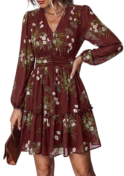 PRETTYGARDEN Women Floral Long Sleeve Mini Dress | Fall Wedding Guest Dresses, V Neck, Fit & Flare, Ruffle Hem A-Line, Short Chiffon Dress, Elegant Holiday Party, Date Outfits