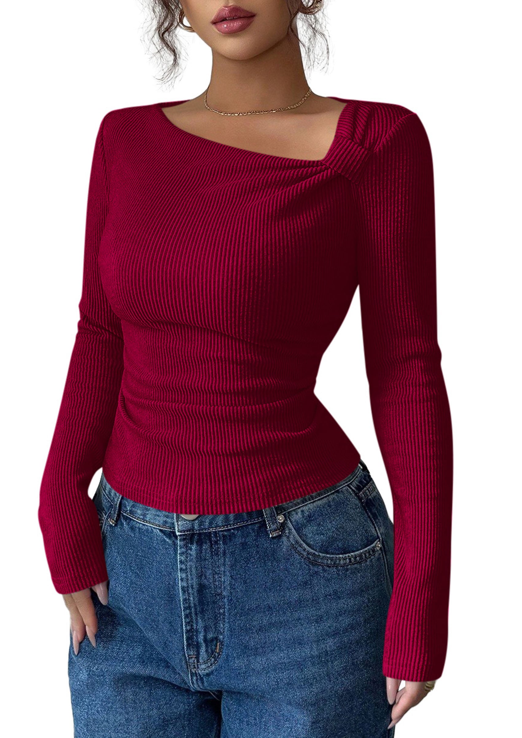 PRETTYGARDEN Womens 2026 Early Fall Fashion Long Sleeve T Shirts Asymmetrical Ribbed Fitted Trendy Going Out Tops Y2K Outfits
