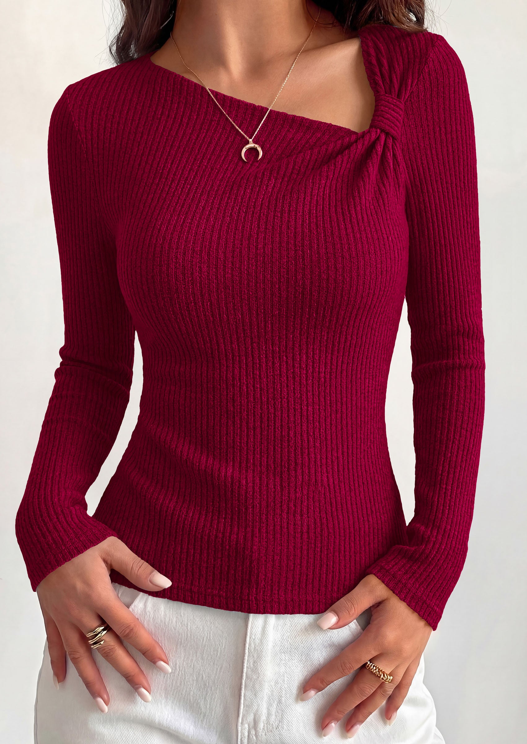 PRETTYGARDEN Womens 2026 Early Fall Fashion Long Sleeve T Shirts Asymmetrical Ribbed Fitted Trendy Going Out Tops Y2K Outfits