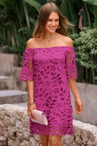 PRETTYGARDEN Women's Summer Off Shoulder Dresses Floral Lace Flare Short Sleeve Spring Vintage Elegant Mini Dress