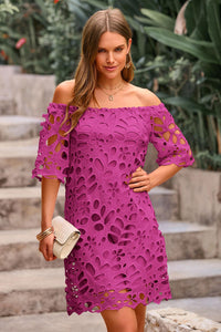 PRETTYGARDEN Women's Summer Off Shoulder Dresses Floral Lace Flare Short Sleeve Spring Vintage Elegant Mini Dress