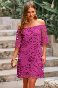 PRETTYGARDEN Women's Summer Off Shoulder Dresses Floral Lace Flare Short Sleeve Spring Vintage Elegant Mini Dress