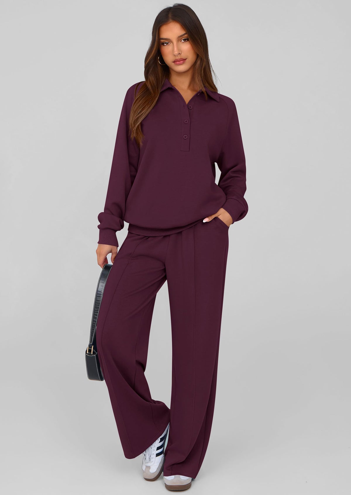PRETTYGARDEN Women Fall 2 Piece Outfits Sweatsuits Quarter Button Long Sleeve Sweatshirt Wide Leg Pants Tracksuit Lounge Sets
