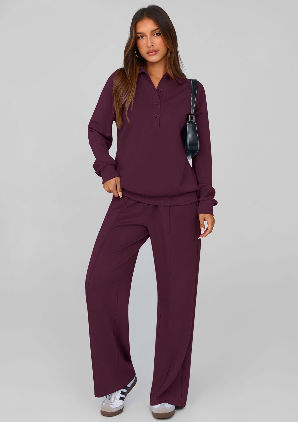 PRETTYGARDEN Women Fall 2 Piece Outfits Sweatsuits Quarter Button Long Sleeve Sweatshirt Wide Leg Pants Tracksuit Lounge Sets