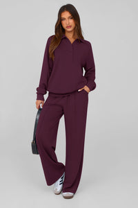 PRETTYGARDEN Women Fall 2 Piece Outfits Sweatsuits Quarter Button Long Sleeve Sweatshirt Wide Leg Pants Tracksuit Lounge Sets
