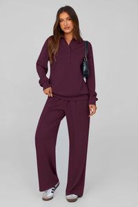 PRETTYGARDEN Women Fall 2 Piece Outfits Sweatsuits Quarter Button Long Sleeve Sweatshirt Wide Leg Pants Tracksuit Lounge Sets