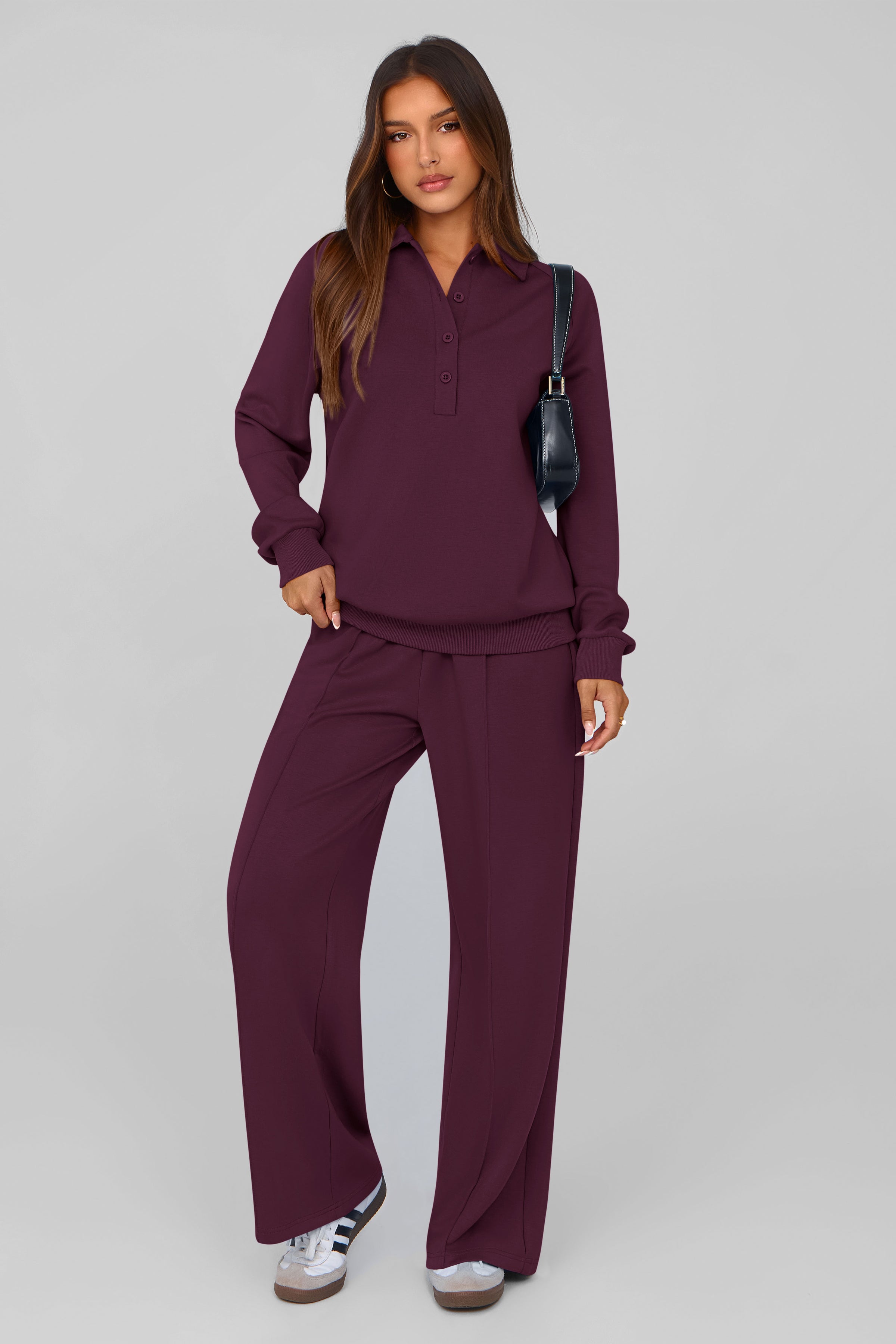 PRETTYGARDEN Women Fall 2 Piece Outfits Sweatsuits Quarter Button Long Sleeve Sweatshirt Wide Leg Pants Tracksuit Lounge Sets