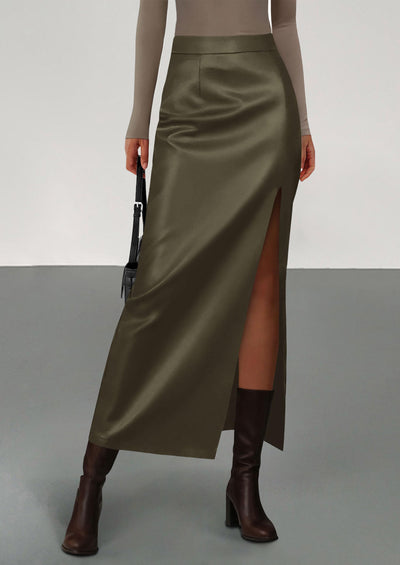 PRETTYGARDEN Womens Faux Leather Skirt Fall Bodycon High Waisted Slit Dressy Casual Winter Maxi Long Pencil Skirts