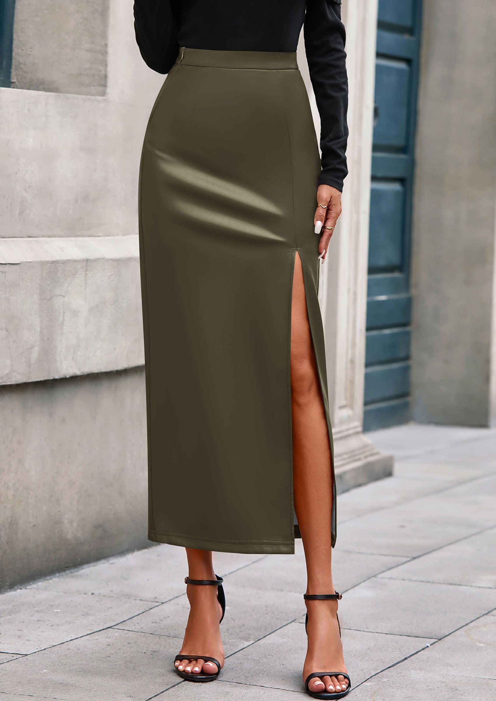 PRETTYGARDEN Womens Faux Leather Skirt Fall Bodycon High Waisted Slit Dressy Casual Winter Maxi Long Pencil Skirts