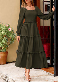 PRETTYGARDEN Women Fall Long Sleeve Smocked Maxi Dress Casual Square Neck Swiss Dot Tiered Ruffle Flowy Spring Pocket Dresses