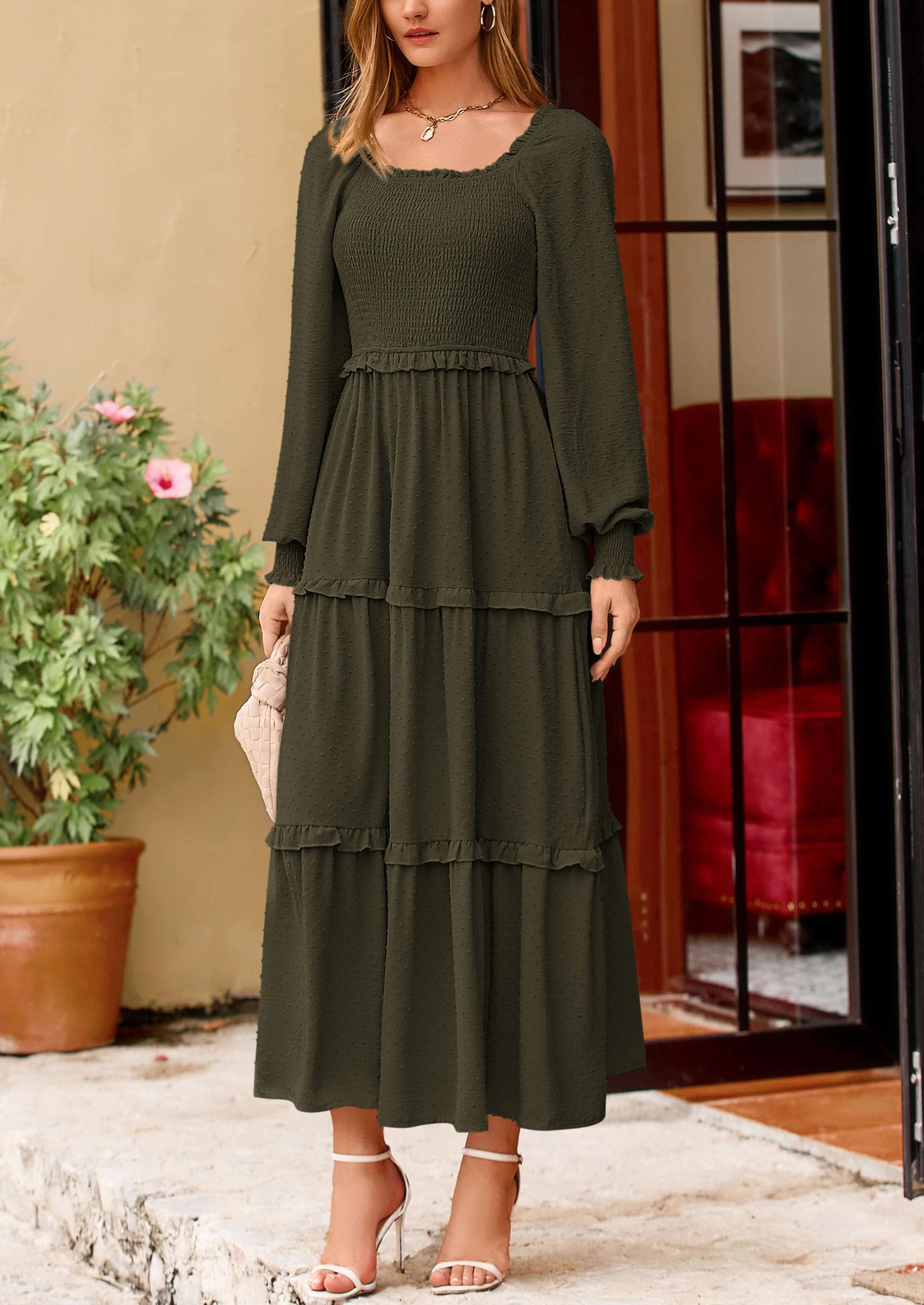 PRETTYGARDEN Women Fall Long Sleeve Smocked Maxi Dress Casual Square Neck Swiss Dot Tiered Ruffle Flowy Spring Pocket Dresses