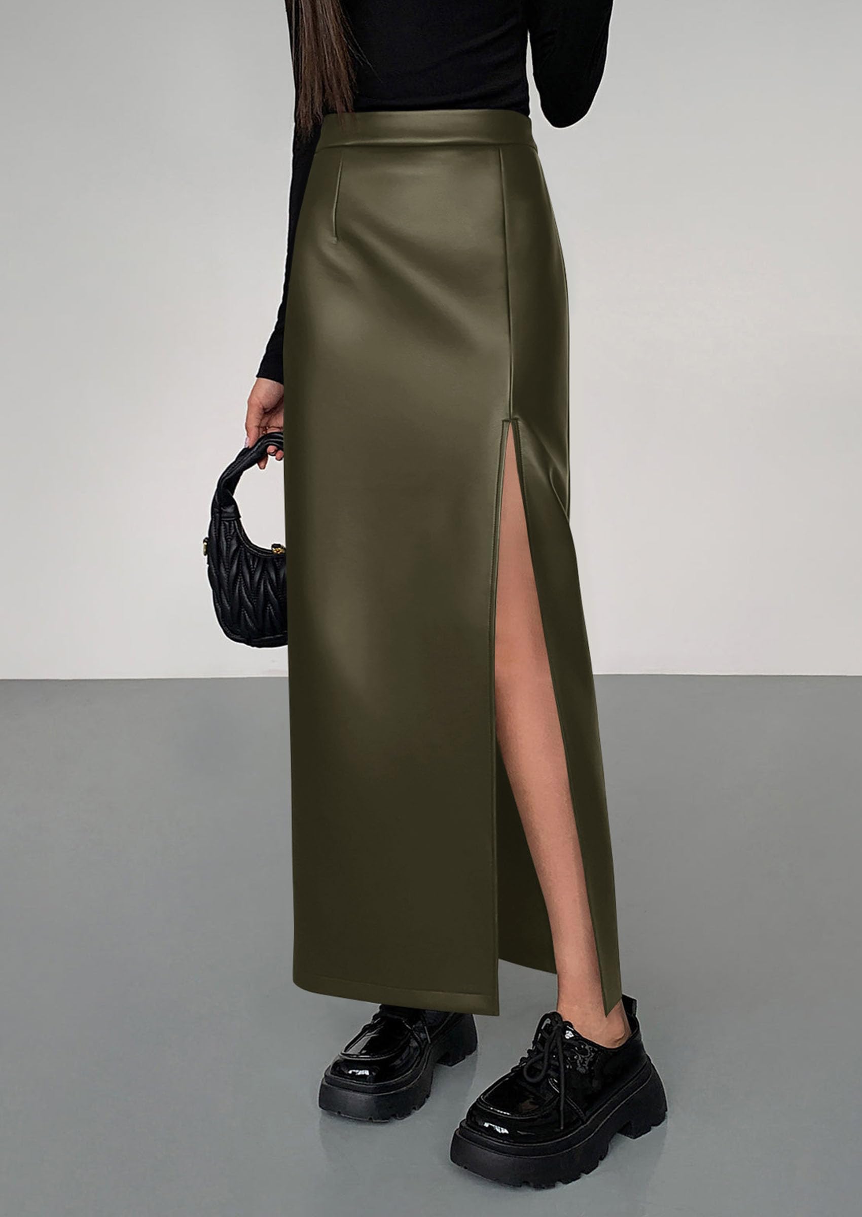 PRETTYGARDEN Womens Faux Leather Skirt Fall Bodycon High Waisted Slit Dressy Casual Winter Maxi Long Pencil Skirts