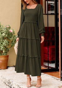 PRETTYGARDEN Women Fall Long Sleeve Smocked Maxi Dress Casual Square Neck Swiss Dot Tiered Ruffle Flowy Spring Pocket Dresses