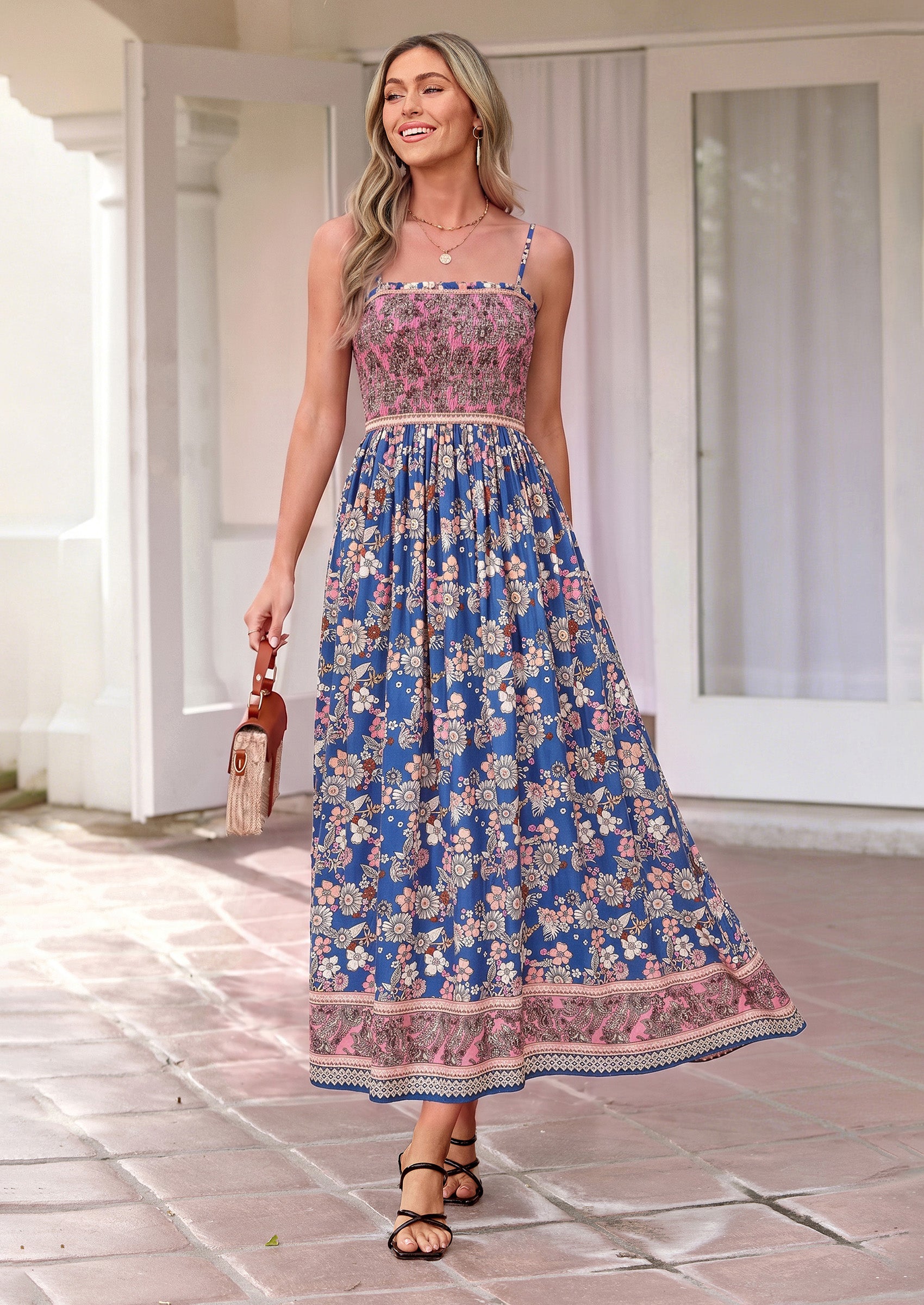 PRETTYGARDEN Womens Floral Maxi Dress Boho Casual Summer Spaghetti Strap Smocked Sleeveless Flowy Beach Vacation Dresses