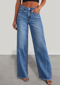 PRETTYGARDEN Wide Leg Jeans for Women Trendy High Waisted Stretchy Baggy Raw Hem Denim Palazzo Pants with Pockets
