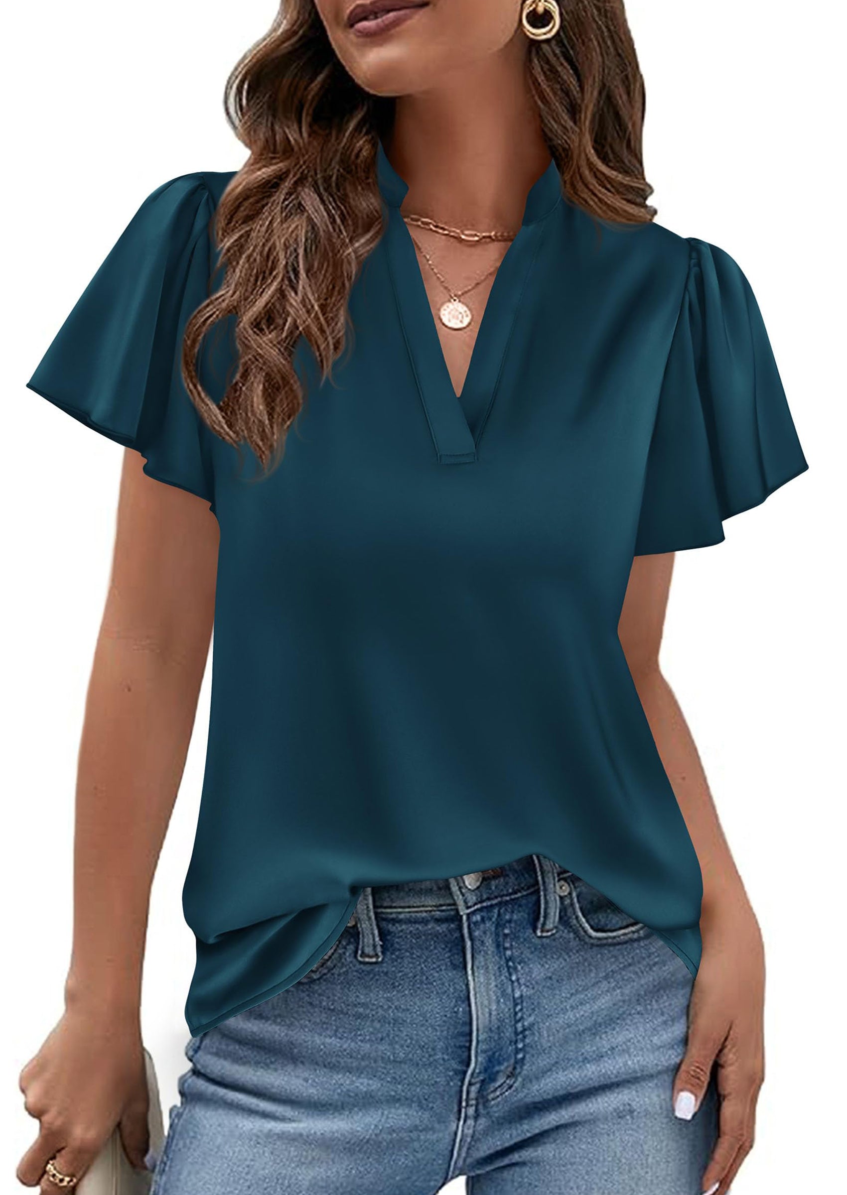 PRETTYGARDEN Women's Summer Blouses Dressy Casual Ruffle Cap Sleeve V Neck Business Work Trendy Cute Tops Spring Outfits PRETTYGARDEN
