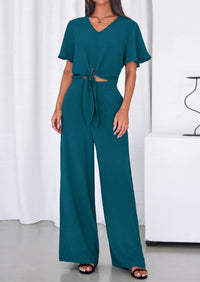 PRETTYGARDEN Women 2 Piece Summer Outfits Short Sleeve Strappy Top Wide Leg Pants Tracksuit Lounge Sets Beach Clothes PRETTYGARDEN