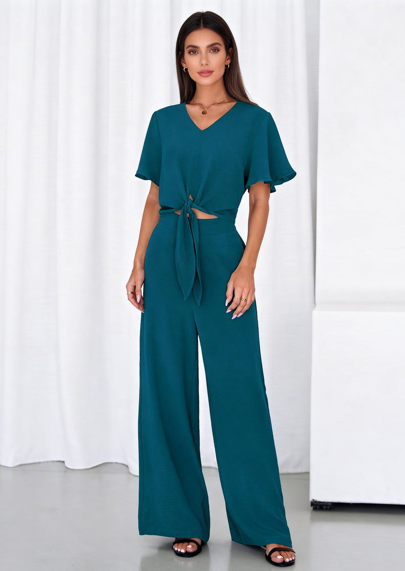 PRETTYGARDEN Women 2 Piece Summer Outfits Short Sleeve Strappy Top Wide Leg Pants Tracksuit Lounge Sets Beach Clothes PRETTYGARDEN