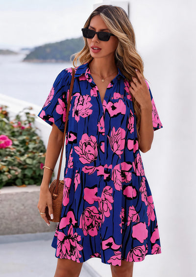 PRETTYGARDEN Womens Summer Dresses Casual Puff Sleeve Button Down Mini Shirt Dress Boho Floral Babydoll Sun Dress
