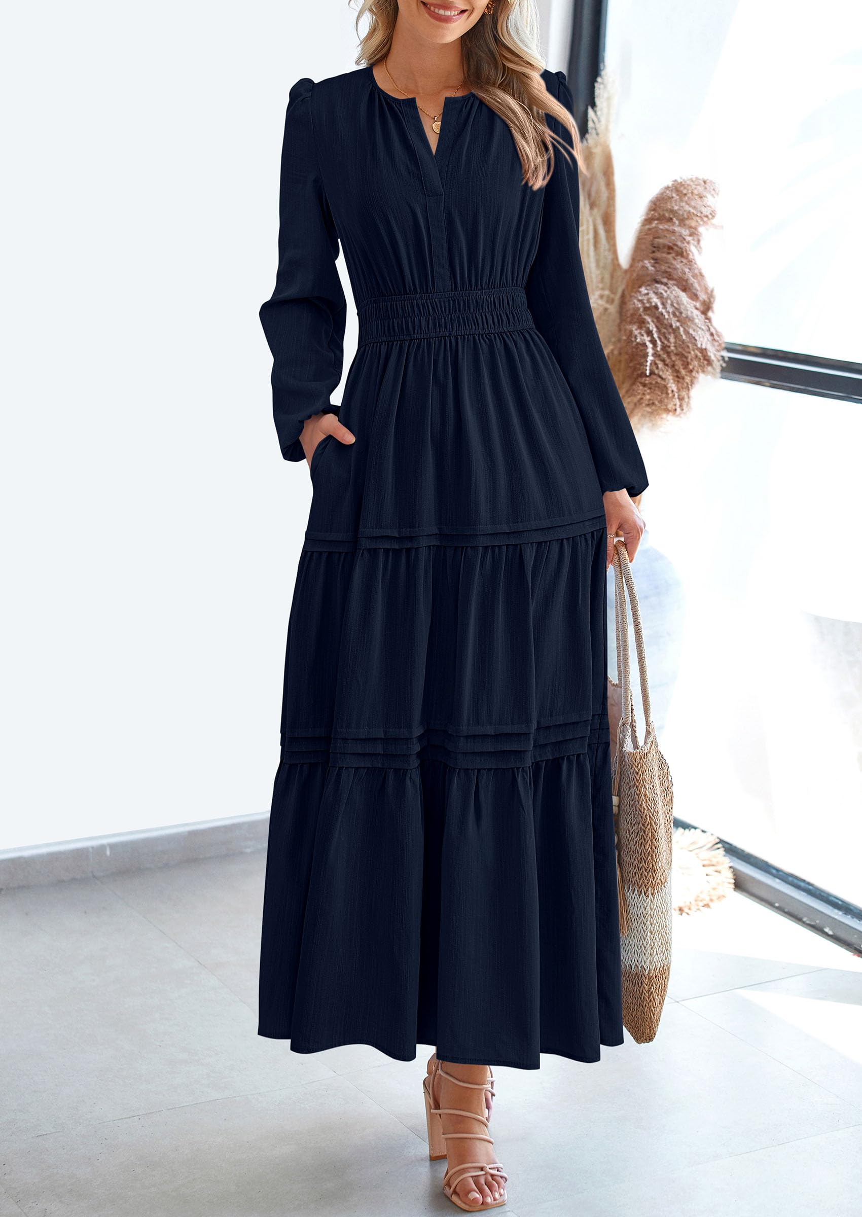 PRETTYGARDEN Women's Elegant Maxi Dresses Long Sleeve V Neck Flowy Pockets Casual Modest Dress Fall Fashion Clothes