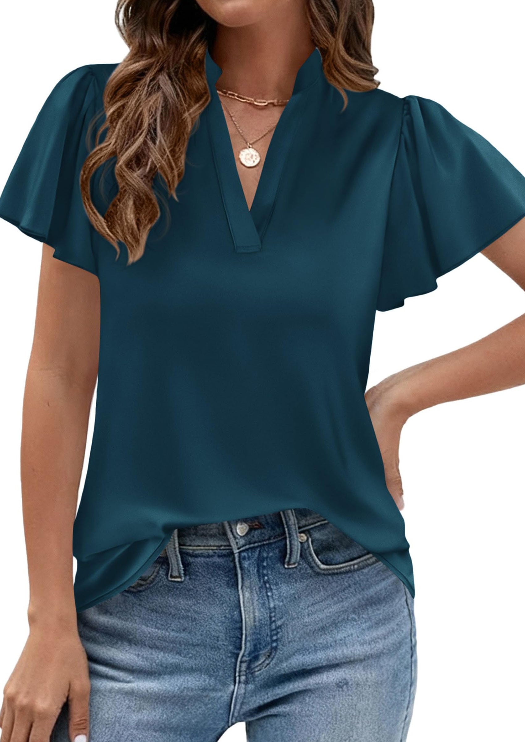 PRETTYGARDEN Women's Summer Blouses Dressy Casual Ruffle Cap Sleeve V Neck Business Work Trendy Cute Tops Spring Outfits PRETTYGARDEN