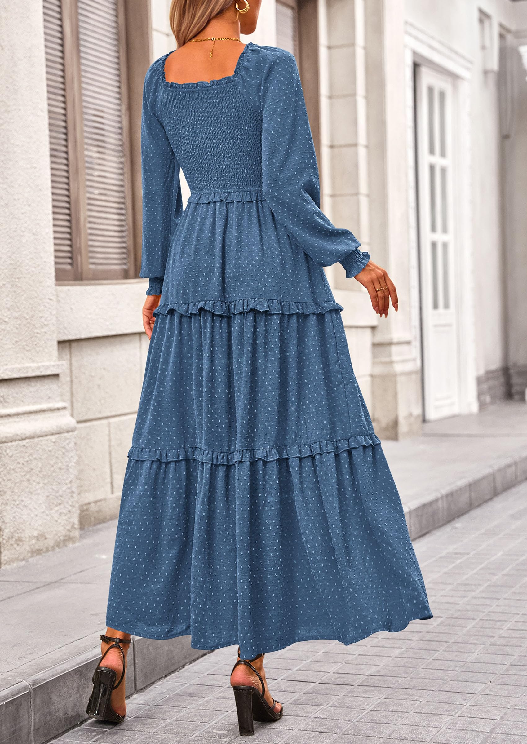PRETTYGARDEN Women Fall Long Sleeve Smocked Maxi Dress Casual Square Neck Swiss Dot Tiered Ruffle Flowy Spring Pocket Dresses