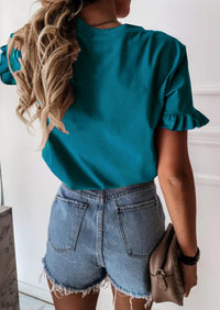 PRETTYGARDEN Women's Short Sleeve Casual T Shirts Summer Ruffle Plain Round Neck Loose Fit Tee Blouse Tops