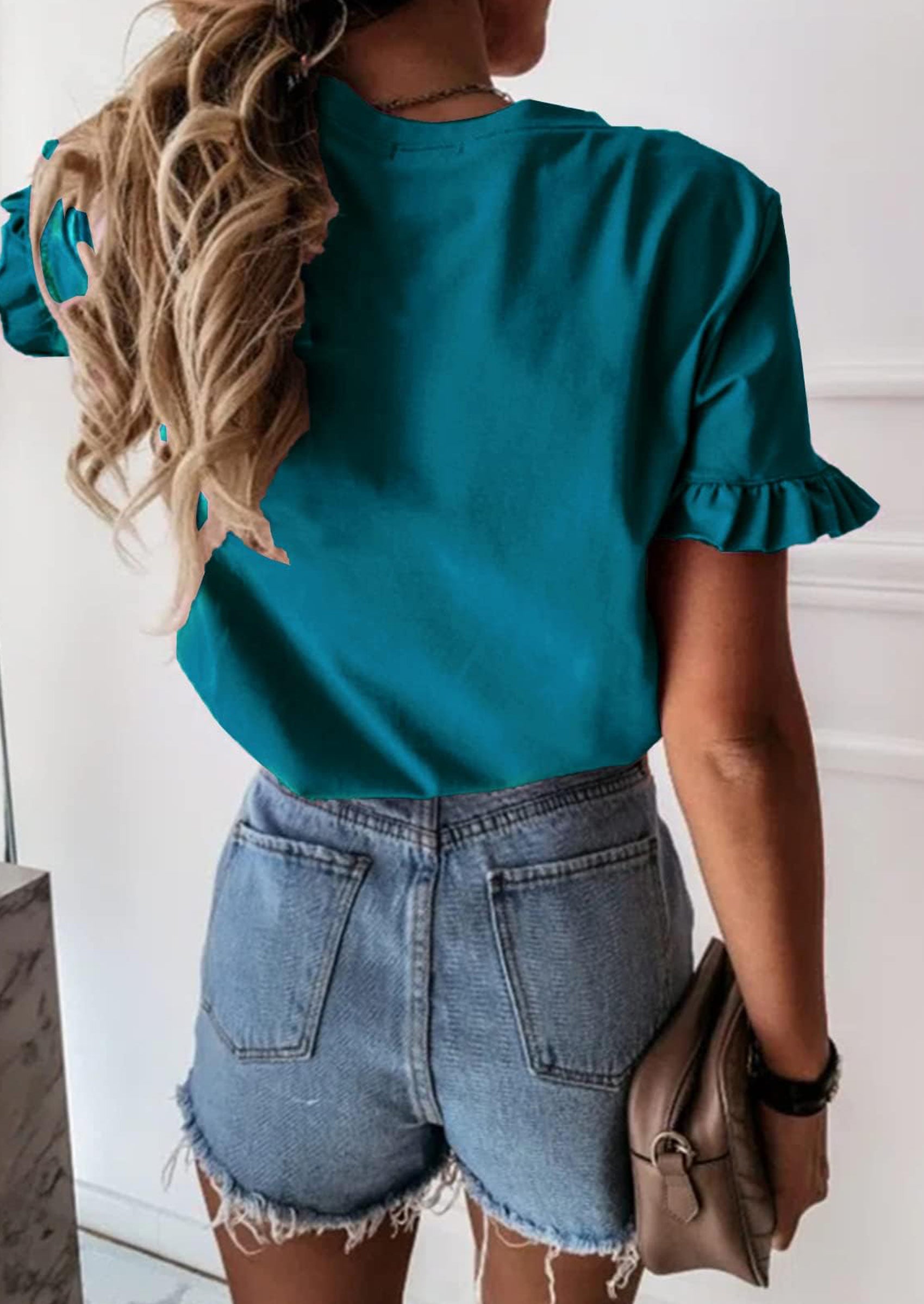 PRETTYGARDEN Women's Short Sleeve Casual T Shirts Summer Ruffle Plain Round Neck Loose Fit Tee Blouse Tops